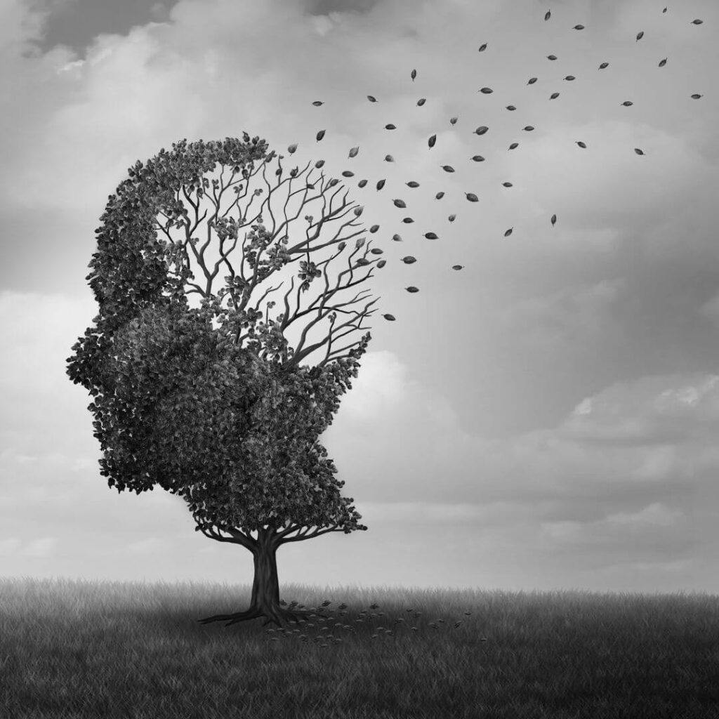 abstract black and white concept of a human face made out of a tree that's losing leaves in the wind