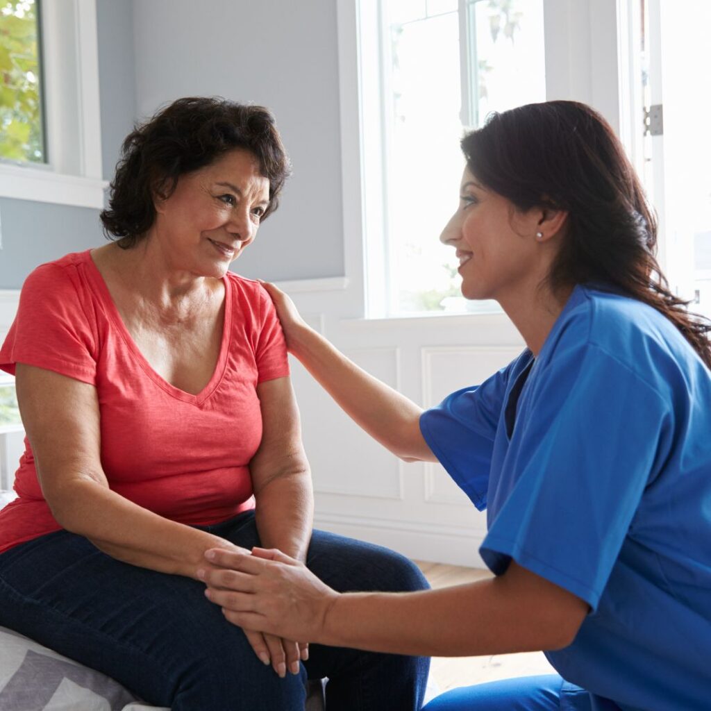 An in-home care provider talks with a patient