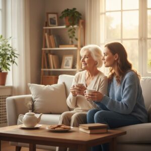 an elderly person and a younger caregiver are sitting together on a sofa