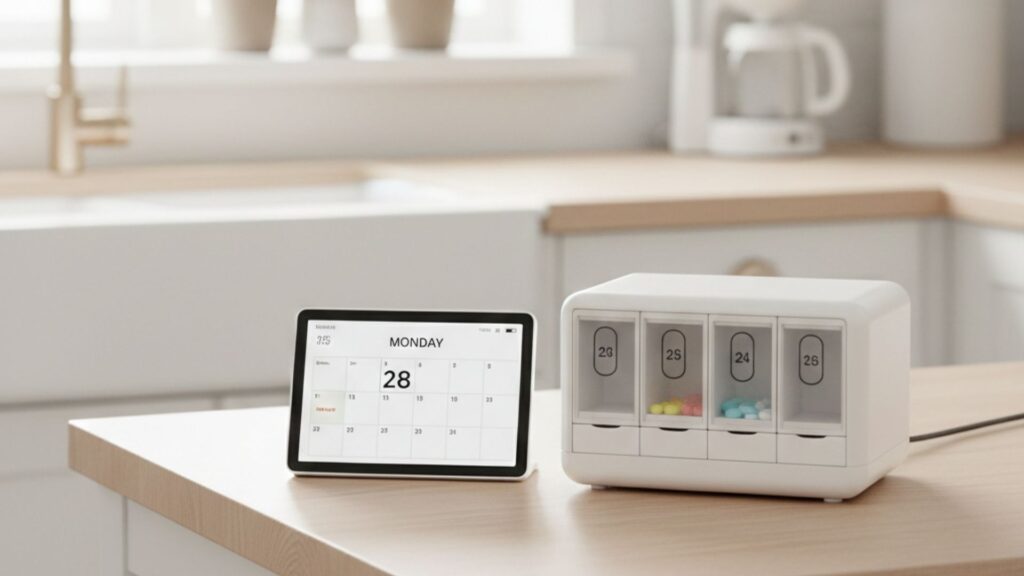 Close-up of an automated pill dispenser and digital calendar on a clean kitchen counter.