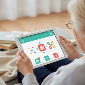 Hands holding a tablet displaying a cognitive stimulation app for seniors.