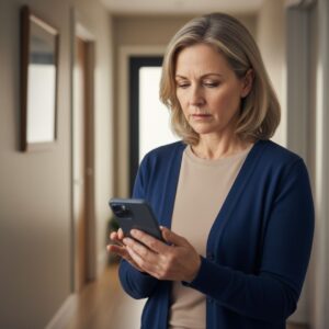 A caregiver checking a tracking app on their phone with a thoughtful expression.