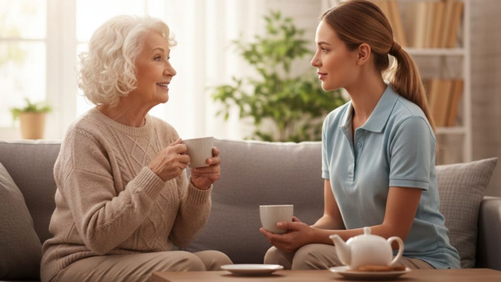 an elderly woman is smiling while talking to a caregiver