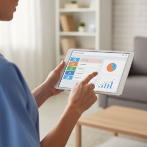 A caregiver and senior reviewing a personalized care plan together on a tablet.