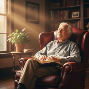 A senior man enjoying the comfort and independence of aging in place in his own home.