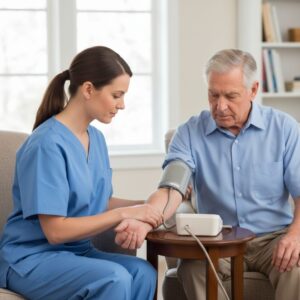 A home health nurse performing a medical check-up for a senior patient.