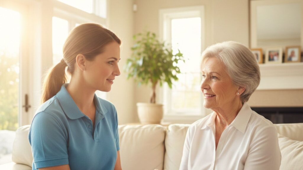 A compassionate caregiver holding an elderly woman's hand