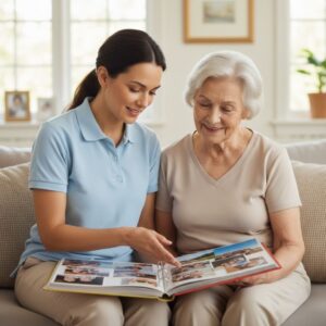 A caregiver engaging a senior woman in a memory-focused activity at home.