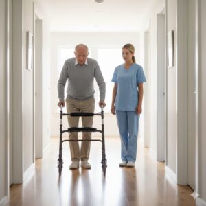 A specialized caregiver assisting a senior with mobility and movement at home.