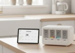 Close-up of an automated pill dispenser and digital calendar on a clean kitchen counter.