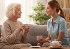 an elderly woman is smiling while talking to a caregiver